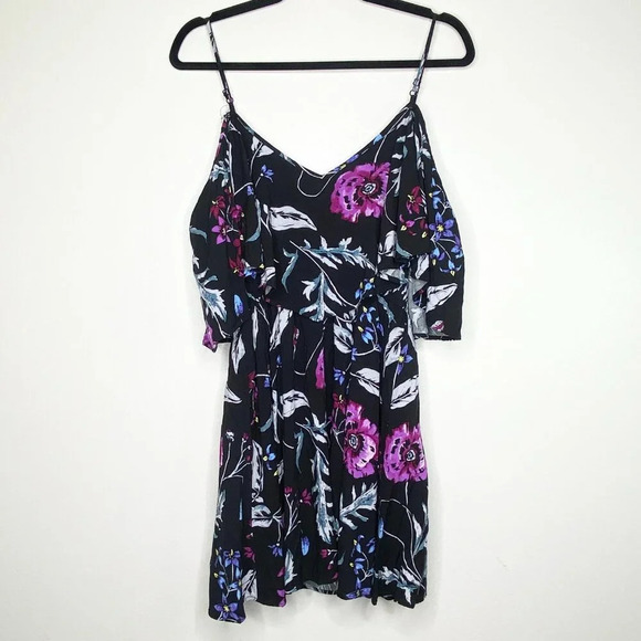 Express XS Floral Cold Shoulder Tank Dress Black Purple Blue Summer Vacation - Picture 2 of 9